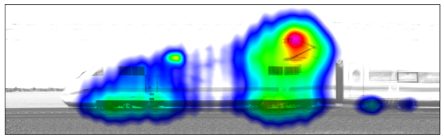 Lokalisierung der Hauptlärmquelle beim Stromabnehmer und einem Lüfter auf dem Dach Vorbeifahrtmessung eines ICE-Zuges mit der Akustischen Kamera Flexstar120