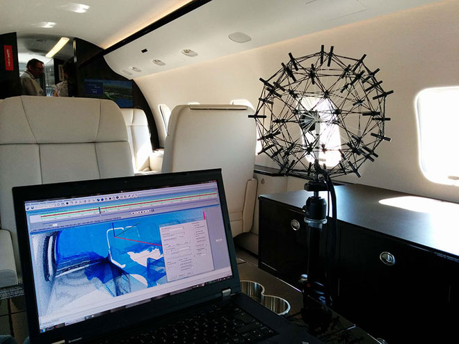 Acoustic Camera Sphere AC Pro pinpointing disturbing noises within a private-jet cabin